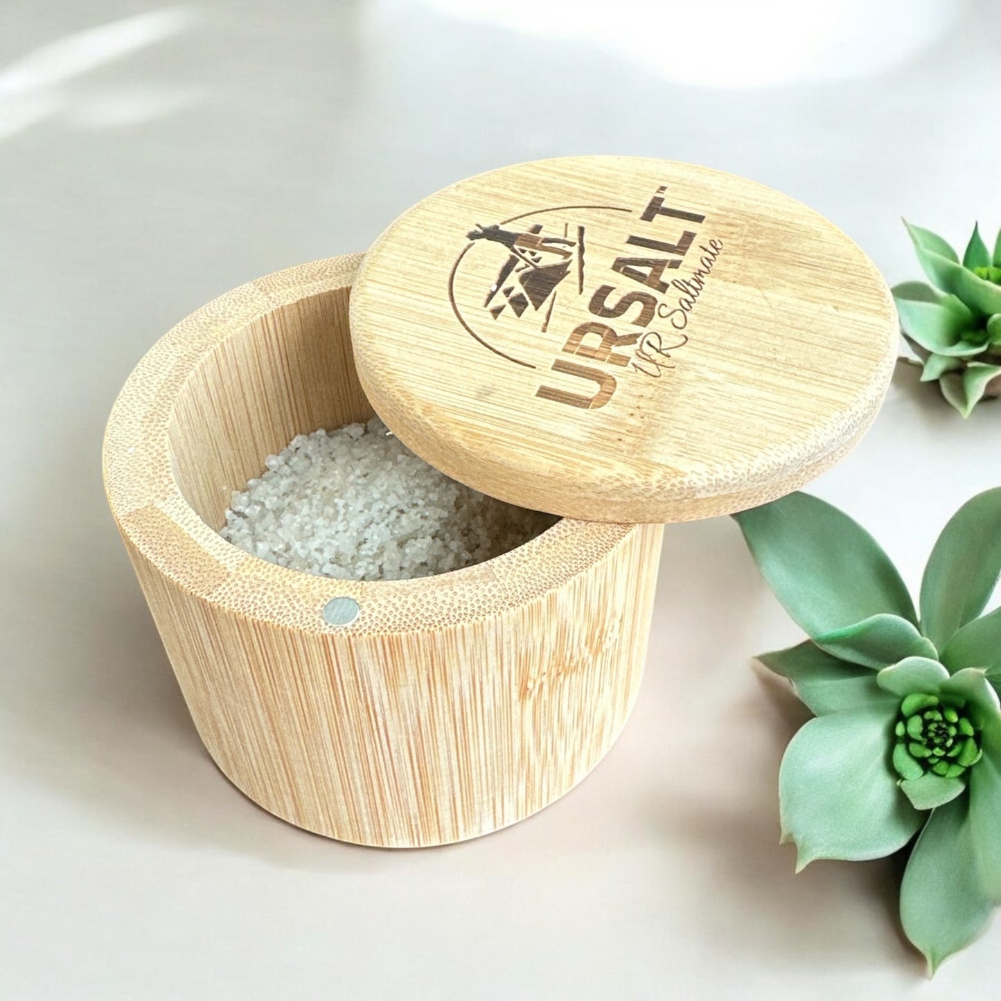 URSALT Bamboo Salt Cellar with Magnetic Swivel Lid, [6oz Capacity]